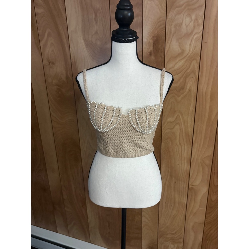 Shein Women Tan Crochet Knit Pearl Trim Shell Bust Camisole Crop Top Small